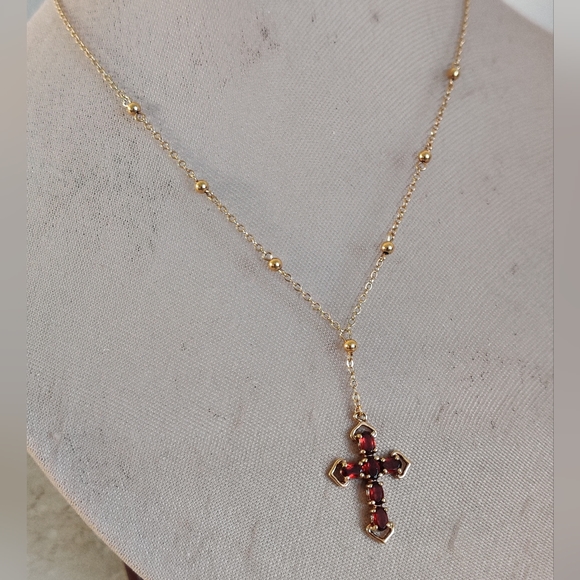 Elegant Garnet Glass Cross Necklace 14K Gold Over Silver 925 - Picture 4 of 13